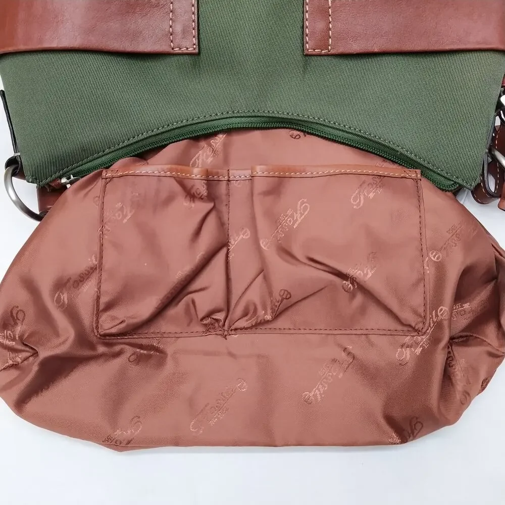 Fossil Oliver Green Nylon Leather Trim Zipper Closure Hobo Shoulder Bag
